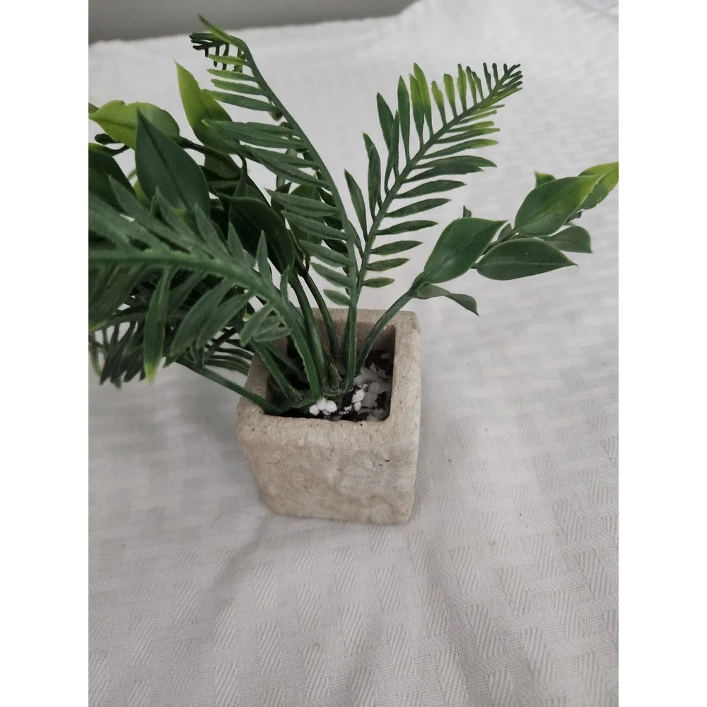 Small Artificial Green Foliage Plant in Square Stone Look Pot Faux Greenery